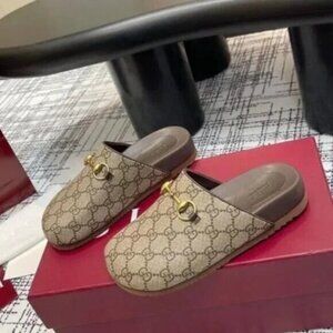 Gucci Cream and Brown Mules with Gold Detail